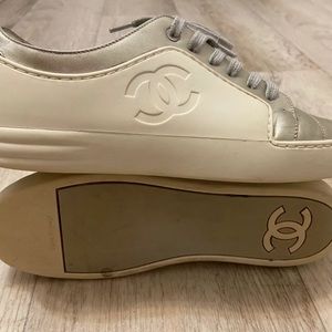CHANEL Ivory Silver Leather Rubber CC Sneakers 8